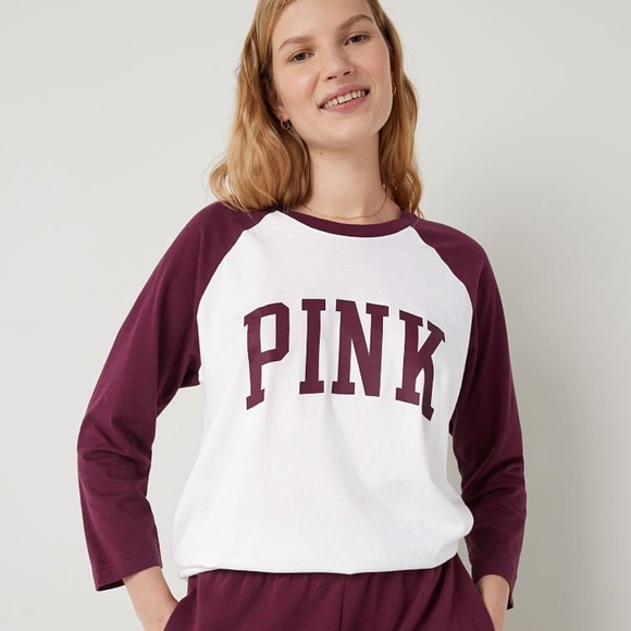 Victoria's Secret PINK 3/4 Sleeve Campus Baseball T-Shirt Maroon Colorblock M - Picture 1 of 3